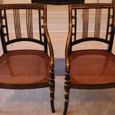 Pair of Black and Gold Painted Cane Seat Side Chairs