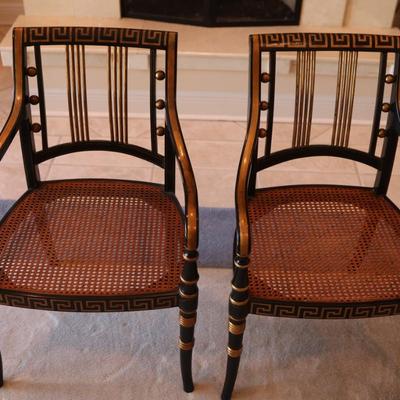 Pair of Black and Gold Painted Cane Seat Side Chairs