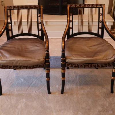 Pair of Black and Gold Painted Cane Seat Side Chairs
