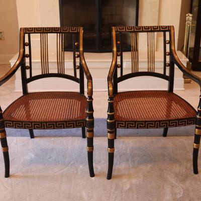 Pair of Black and Gold Painted Cane Seat Side Chairs
