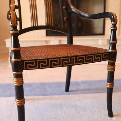 Pair of Black and Gold Painted Cane Seat Side Chairs