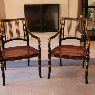 Pair of Black and Gold Painted Cane Seat Side Chairs