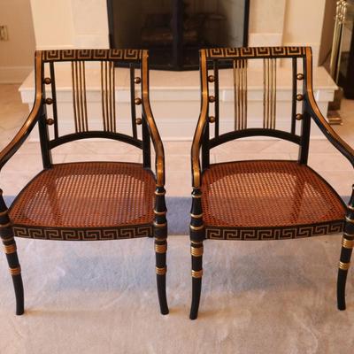 Pair of Black and Gold Painted Cane Seat Side Chairs