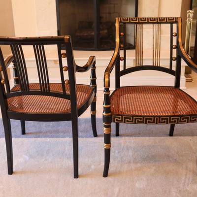 Pair of Black and Gold Painted Cane Seat Side Chairs
