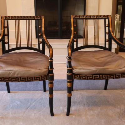 Pair of Black and Gold Painted Cane Seat Side Chairs