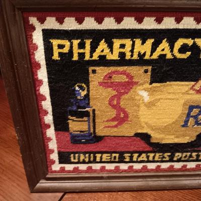 NEEDLEPOINT PHARMACY PICTURE, TALL GLASS BEEKER AND BRASS PESTLE & MORTAR