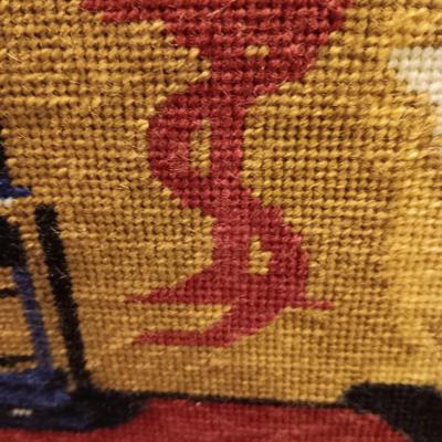NEEDLEPOINT PHARMACY PICTURE, TALL GLASS BEEKER AND BRASS PESTLE & MORTAR