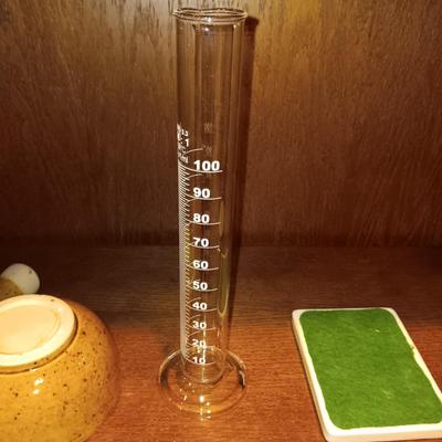 GLASS BEAKER, COOR POTTERY PHARMACY TRAY AND CLAY PESTLE AND MORTAR