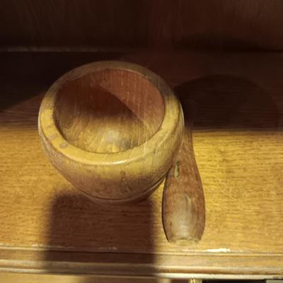 BRASS AND WOOD PESTLE AND MORTARS
