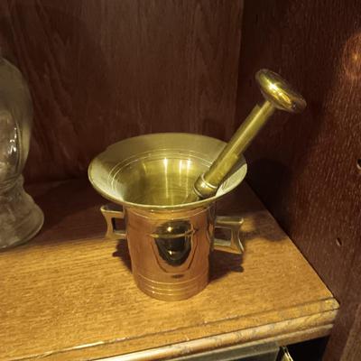 BRASS AND WOOD PESTLE AND MORTARS