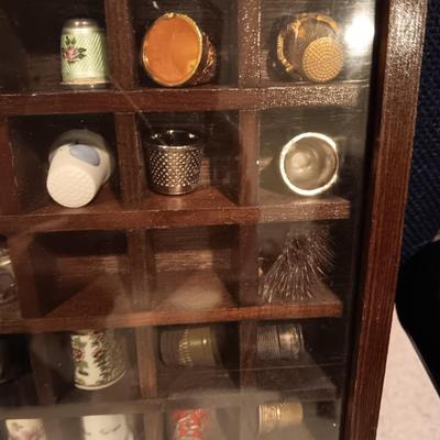 DISPLAY CASE FULL OF SEWING THIMBLES