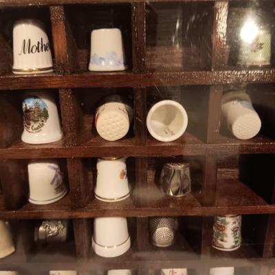 DISPLAY CASE FULL OF SEWING THIMBLES