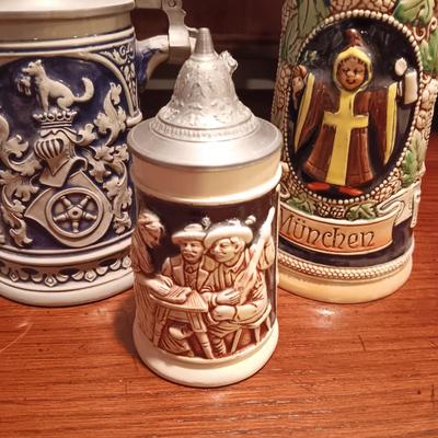 3 GERMAN STEINS WITH PEWTER TOPS