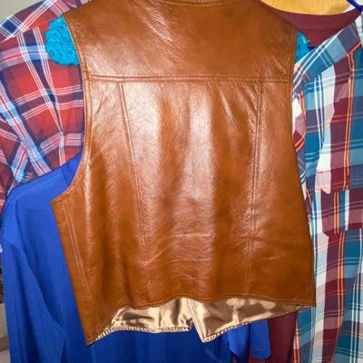 MENS XL SHIRTS .AND BROWN LEATHER VEST