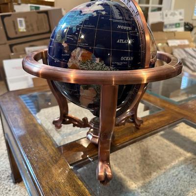 INLAID SEMI-PRECIOUS STONE WORLD GLOBE WITH A COMPASS