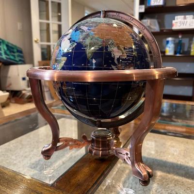 INLAID SEMI-PRECIOUS STONE WORLD GLOBE WITH A COMPASS
