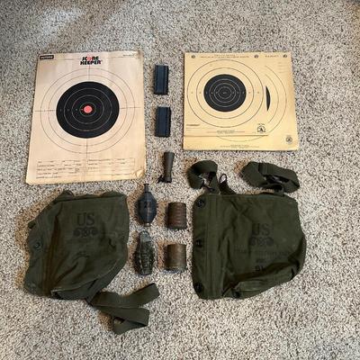 VARIOUS PAPER TARGETS, CARBINE MAGAZINES, SPENT SHELLS, MILITARY CANVAS BAGS AND MORE