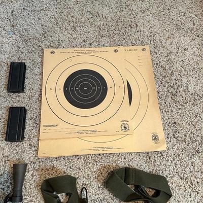 VARIOUS PAPER TARGETS, CARBINE MAGAZINES, SPENT SHELLS, MILITARY CANVAS BAGS AND MORE