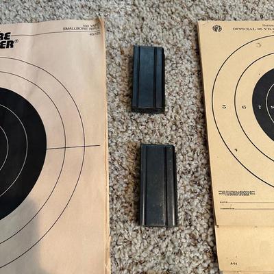 VARIOUS PAPER TARGETS, CARBINE MAGAZINES, SPENT SHELLS, MILITARY CANVAS BAGS AND MORE