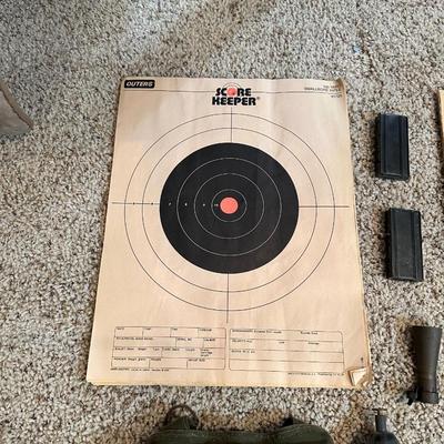 VARIOUS PAPER TARGETS, CARBINE MAGAZINES, SPENT SHELLS, MILITARY CANVAS BAGS AND MORE