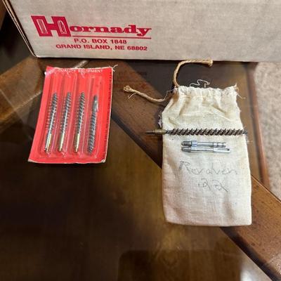 HORNADY PISTOL POWDER MEASURE FOR RELOADING, SPENT SHOTGUN SHELLS FOR RELOADING AND BORE CLEANING BRUSHES