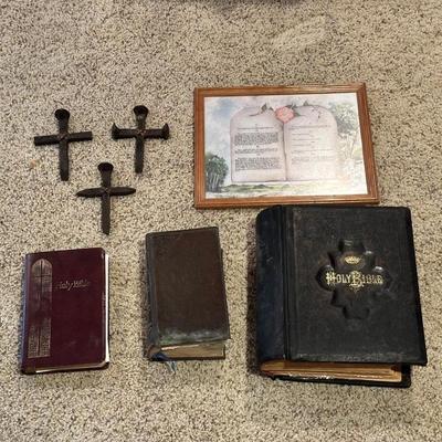 ANTIQUE BIBLES, TRAIN RAIL SPIKE CROSSES AND THE 10 COMMANDMENTS