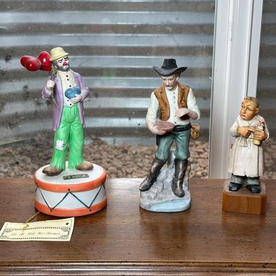 KELLY JR MUSICAL CLOWN, WOODEN CARVED PHARMACIST AND CERAMIC COWBOY