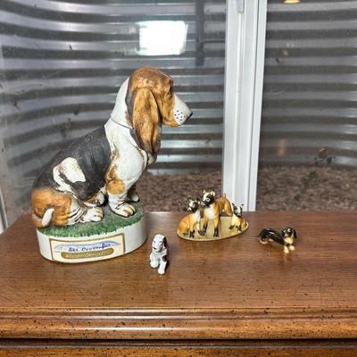 SKI COUNTRY BOURBON EMPTY DECANTER AND MINIATURE PORCELAIN DOGS