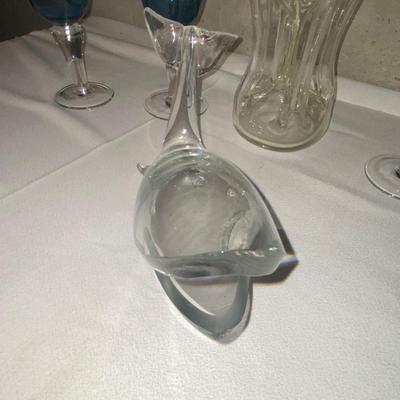 HOUR GLASS SHAPED DECANTER, CORSICA HOME GOBLETS, & HEAVY GLASS WHALE