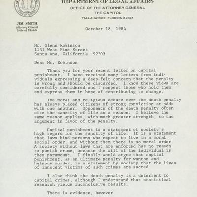 Jim Smith Florida Attorney General signed letter 
