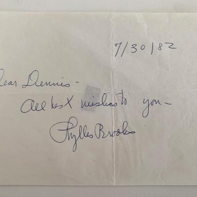 Actress Phyllis Brooks signed note
