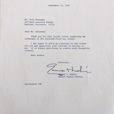 US Senator Edmund Sixtus Muskie signed letter