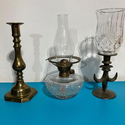 Brass Candlestick, Brass Candle holder w/Crystal Top, Oil burning Lamp