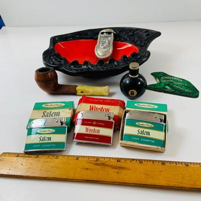 Lot 517: Vintage Eight Ball Lighter, Salem and Winston Cigarettes Branded Lighters, Pipe,Ashtray and More