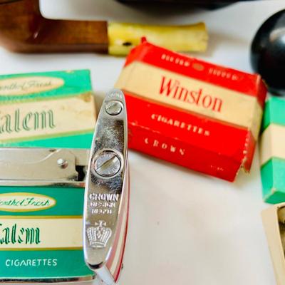 Lot 517: Vintage Eight Ball Lighter, Salem and Winston Cigarettes Branded Lighters, Pipe,Ashtray and More