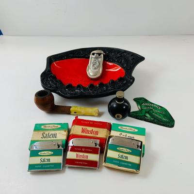 Lot 517: Vintage Eight Ball Lighter, Salem and Winston Cigarettes Branded Lighters, Pipe,Ashtray and More