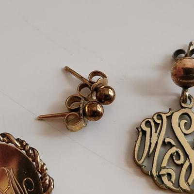 Gold Initial Pin and Earrings