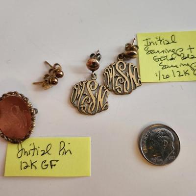 Gold Initial Pin and Earrings