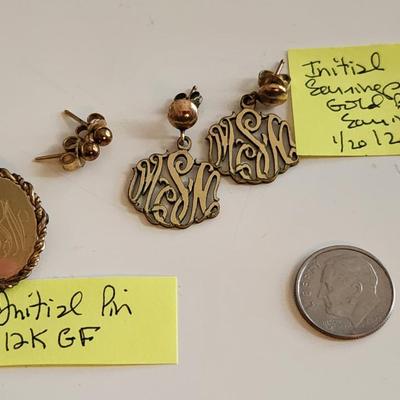 Gold Initial Pin and Earrings