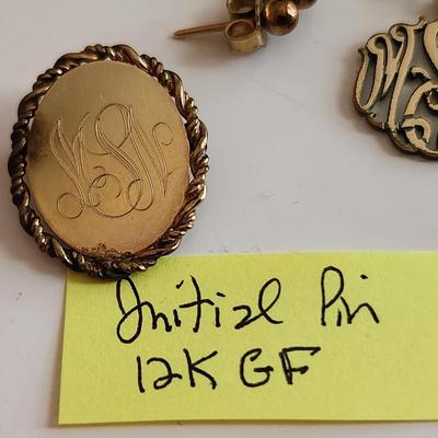 Gold Initial Pin and Earrings