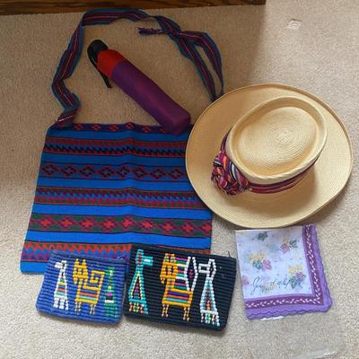 LADYS HAT, HAND BAG, UMBRELLA, COIN PURSES/MAKE-UP BAGS