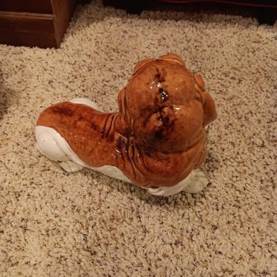 CERAMIC CAT AND BASSET HOUND PUPPY PLUS A HAND PAINTED CAT ON A ROCK
