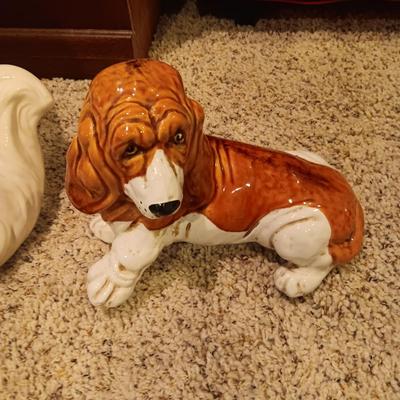 CERAMIC CAT AND BASSET HOUND PUPPY PLUS A HAND PAINTED CAT ON A ROCK