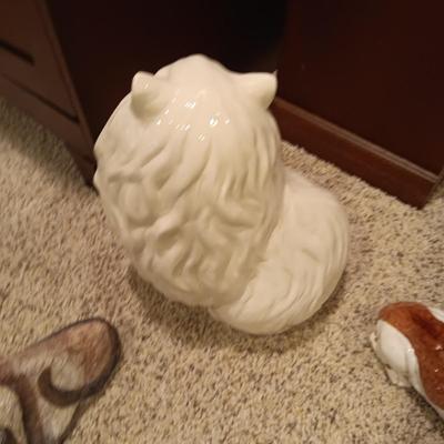 CERAMIC CAT AND BASSET HOUND PUPPY PLUS A HAND PAINTED CAT ON A ROCK