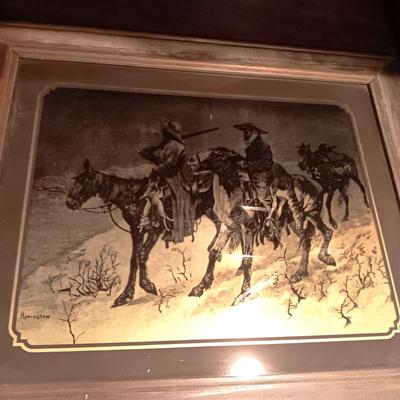 LARGE SIGNED PICTURE BY RUDGE AND MIRRORED PICTURE BY REMINGTON