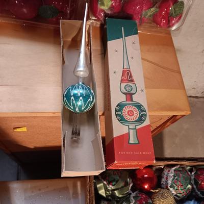 TREE ORNAMENTS, VINTAGE TREE TOPPER AND RIBBON/BOWS