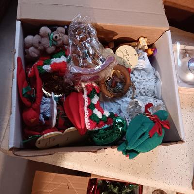 TREE ORNAMENTS, VINTAGE TREE TOPPER AND RIBBON/BOWS