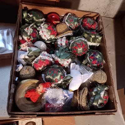 TREE ORNAMENTS, VINTAGE TREE TOPPER AND RIBBON/BOWS