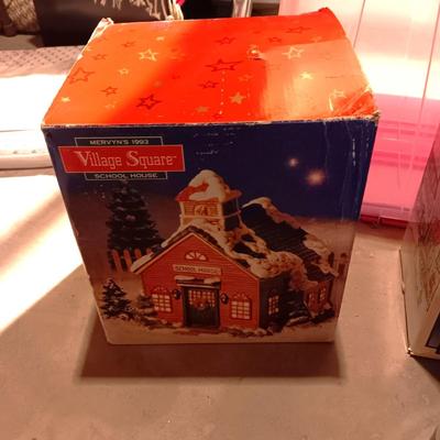 CHRISTMAS VILLAGE BUILDINGS AND CANDLES
