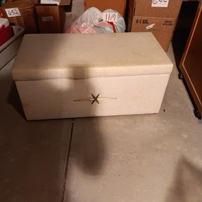WOODEN 2 DRAWER FILING CABINET ON CASTERS AND A VINYL COVERED CHEST